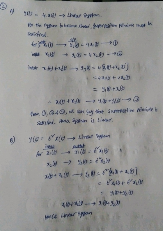 2. te = 4.x( → Linear System. Saetistied ole. int止.xb0+aly → ฯ3V-y@o+l_y] Satshed. Hnce yyem is Linear. Hnle Linear yiem