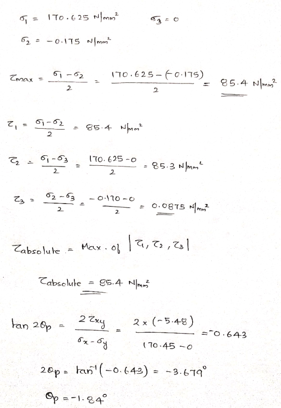 15 = 170.625 N/mm? 52 = -0.175 N/mm? Zmax = 13 - 1-52 110.625-60.175) = 85.4 Nimi? 2 U2 170.625 -0 2,- 6.782 - 954 whorenie 2