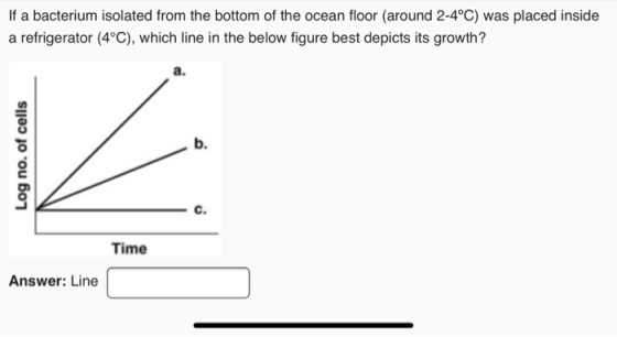 If a bacterium isolated from the bottom of the ocean floor (around 2-4°C) was placed inside a refrigerator (4°C), which line