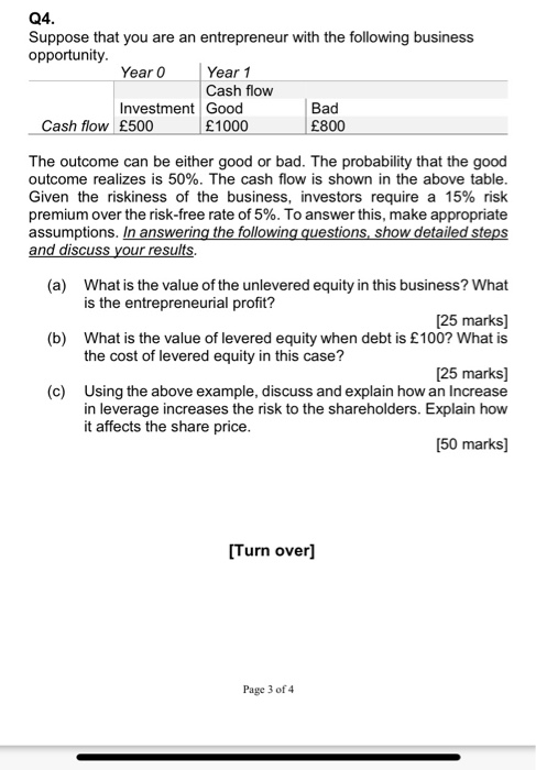 Q4. Suppose that you are an entrepreneur with the following business opportunity Year 0 Year 1 Cash flow Investment Good Bad