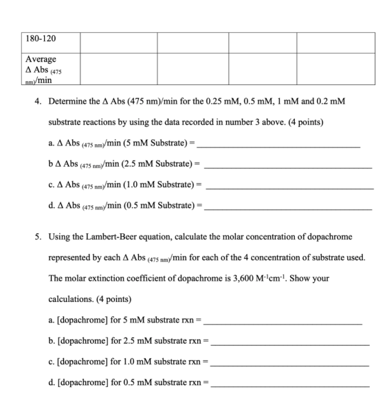 180-120 Average A Abs (475 nm) /min 4. Determine the A Abs (475 nm)/min for the 0.25 mM, 0.5 mm, 1 mM and 0.2 mm substrate re