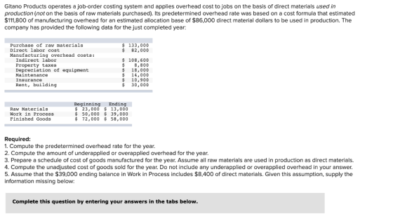 Gitano Products operates a job-order costing system and applies overhead cost to jobs on the basis of direct materials used i