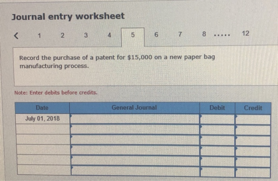 Journal entry worksheet 2 < 1 3 4 6 7 8 12 ..... Record the purchase of a patent for $15,000 on a new paper bag manufacturing