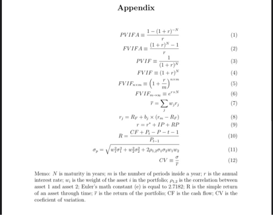 Appendix PVIFA: 1- (1+r) -N FVIFA= (1+r)» – 1 PvIP = i +. FVIF = (1 + r)* FVIFaxm =(1+) FVIF.m-120 = erxN 7= w;r; r; = Rp +