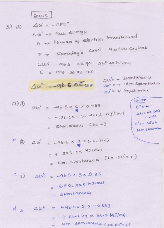 5) as Basic] Aoi = - DFE Avi -> Free energy n Number of electron transferred const 96.500 Coulomb F Faradays 965 we get ago