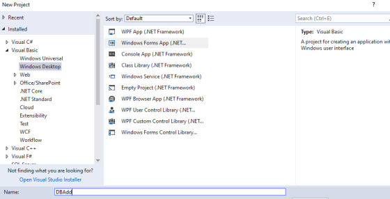 New Project ► Recent Sort by: Default Search (Ctrl+E) Installed Type: Visual Basic A project for creating an application wit