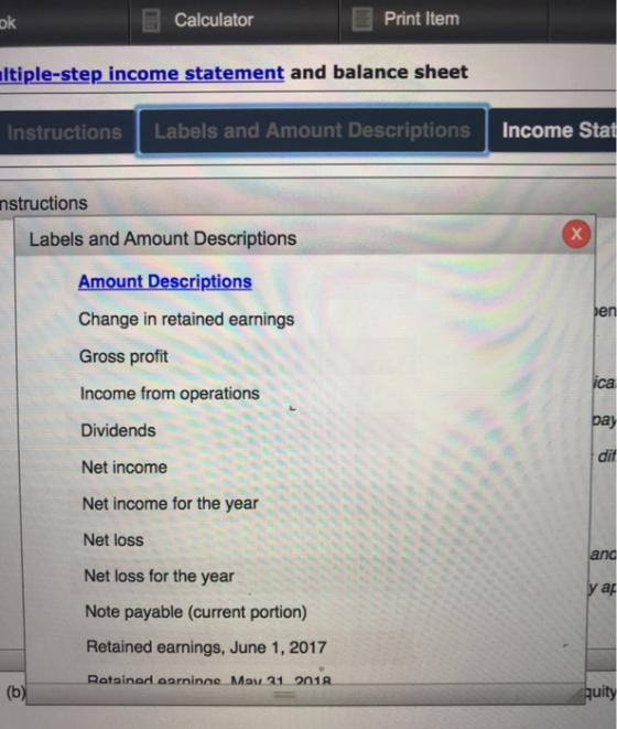 bk Calculator E Print Item Itiple-step income statement and balance sheet Instructions Labels and Amount Descriptions Income
