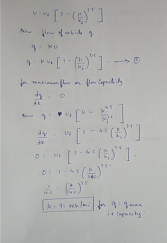 - [( Now flow of vehicle of q=ku q- Kuf [ 0 ]-> 0 for maximun flow or flow capacticty. 35 3. 57 AP No q*v* [K- de us [ -()