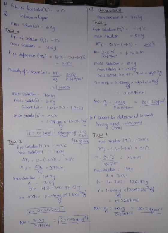 Topt of fure water (To) = 0.3°C B] Unknown Liquid mass solute (a) = 3.59 Trial-1 fept. of solution () = -3°C mass solution =