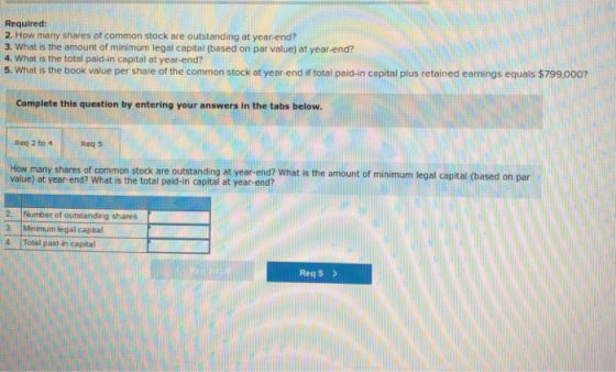 Required: 2. How many shares of common stock are outstanding at year-end? 3. What is the amount of minimum legal capital (bas