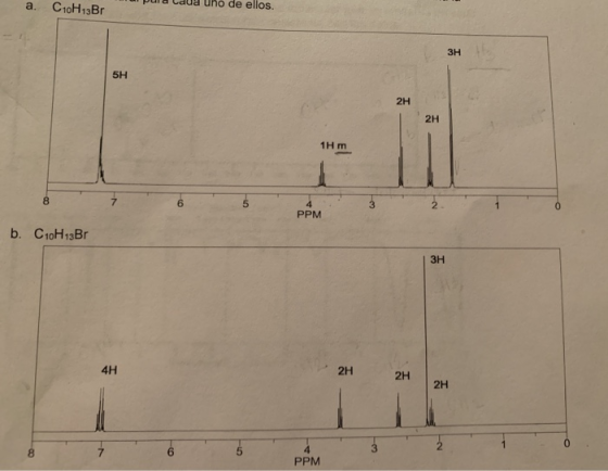 a. C10H13Br mu pula dua uno de ellos. Зн 5H 2H 2H 1H m PPM b. C10H13BT Зн 4H 2H 2H 2H PPM