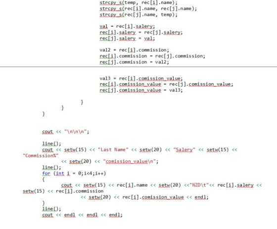 strcpy s(temp, rec [i].name); strspy s(rec[].name, rec[j].name); strcpy s(rec[j].name, temp); val reclil.salery nec [1] . sal