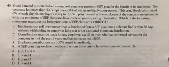 46. Shock Limited just established a simplified employee pension (SEP) plan for the benefit of its employees. The company has