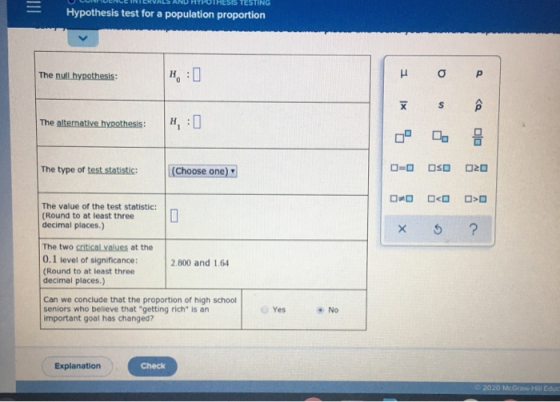 TESTING Hypothesis test for a population proportion The null hypothesis: н, :‑ The alternative hypothesis: D=0 OSO The type o