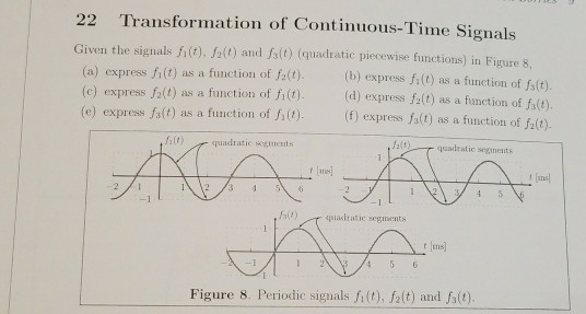 22 Transformation of Continuous-Time Signals Given the signals f), Jtt) and s(t) (quadratic piecewise functions) in Figure S (a) express flt) as a function of tt) (b) express fi(t) as a function of t) (o) express at) as a function of ) ( (e) express falt) as a function of )(express falt) as a fiunuction of fat). (d) express f:(t) as a function of fa(t) (f) express fa(t) as a function of f2(t) c) expres tt)uadratic soegments falt quadratic segnents /s(!) イ4yuadratie segments -I Figure 8. Periodic signals filt), fzlt) and fa().