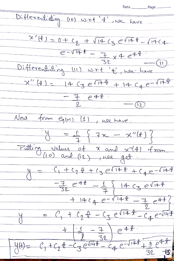 Date Page we have Differentiating (10) w.xit .f? XU) = 0+ (q + Vit (z enige 1196.4 e-viAt- Differentiating (11) wort t, we h