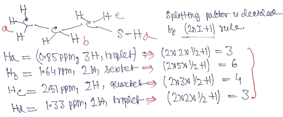 1+ e Spliting patter u deeidas (2nI+) ule by S-Ha Hb (22x V241) = 3 25xa 2H) 4 Ha= (085 Ppn 3H, ple 64 PPm, 2) Aextet 1=251 p