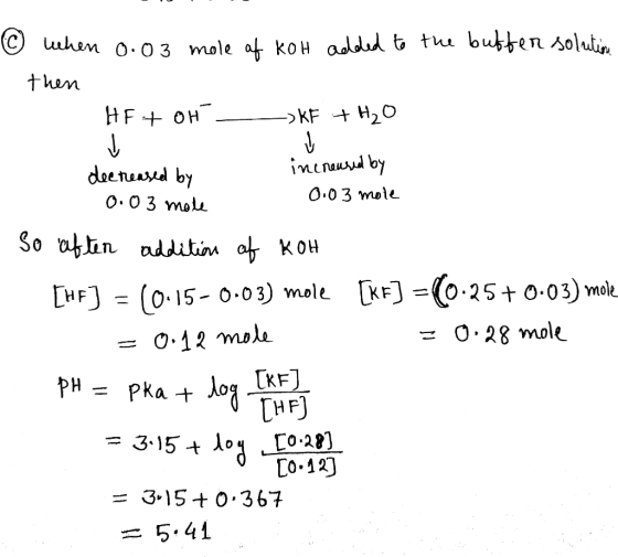 ☺ when 0.03 mole of Koh added to the butten solution then HF + OH - -> KF +H₂O decreased by increased by 0.03 mole 0.03 mole