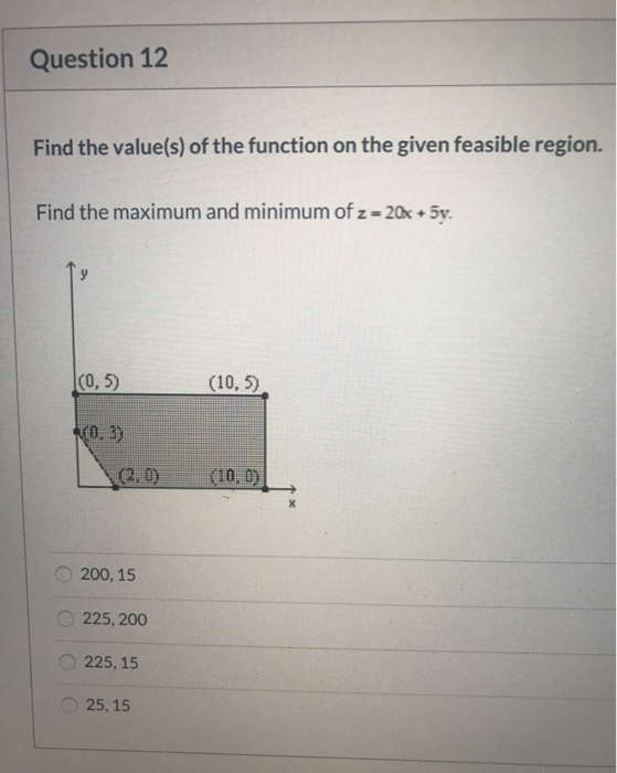 Question 12 Find the value(s) of the function on the given feasible region. Find the maximum and minimum of z = 20x + 5v. (0,