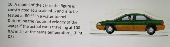10. A model of the car in the figure is constructed at a scale of % and is to be tested at 80 °F in a water tunnel. Determine