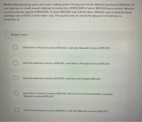 Minstrel Manufacturing uses a job order costing system. During one month, Minstrel purchased $198,000 of raw materials on cre