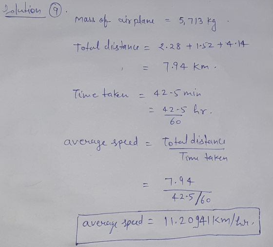 solution Mass of airplane 5,713 kg Totul distance = 2.28 + 1.52 +4.14 7.94 km. Time taken 42.5 min = 42.5 hr. 60 average spee