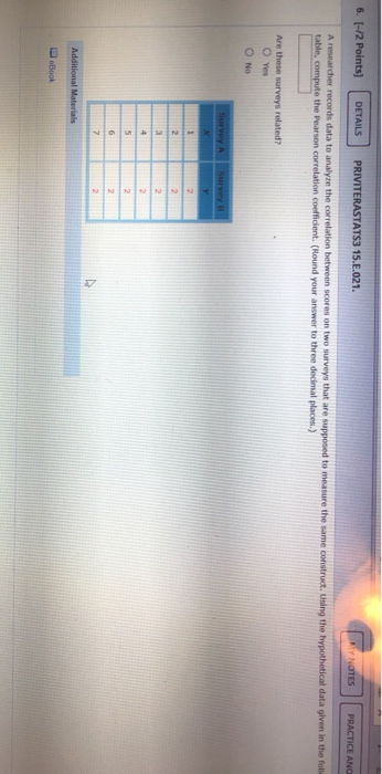 6. [-/2 Points) DETAILS PRIVITERASTATS3 15.E.021. MIY NOTES PRACTICE ANG A researcher records data to analyze the correlation