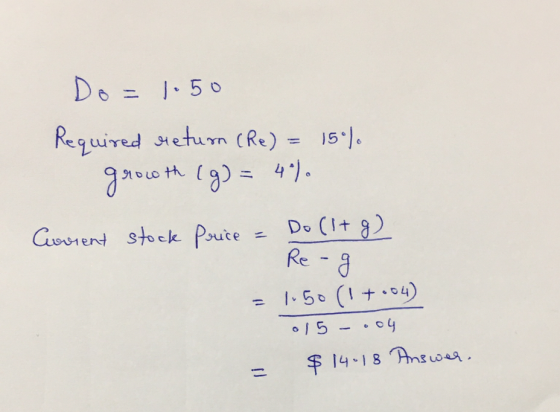 Do=1.50 Required return (Re) = 15). growth (g) = 4% Corrent stock Price = Doll+g). Re-g = 1.50 (1 7:04) 015-.04 $ 14.18 Answe