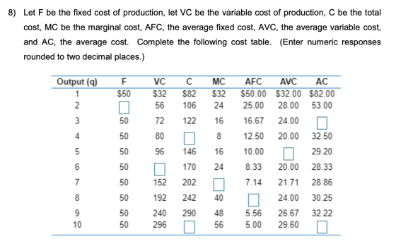 8) Let F be the fixed cost of production, let VC be the variable cost of production, C be the total cost, MC be the marginal