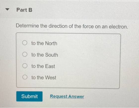 Part B Determine the direction of the force on an electron. O to the North to the South O to the East O to the West Submit Re