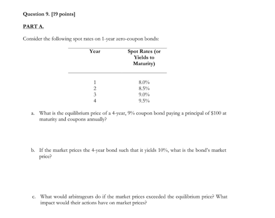 Question 9. [19 points] PART A. Consider the following spot rates on 1-year zero-coupon bonds: Year Spot Rates (or Yields to