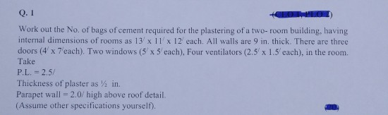 Q.1 Work out the No. of bags of cement required for the plastering of a two-room building, having internal dimensions of room