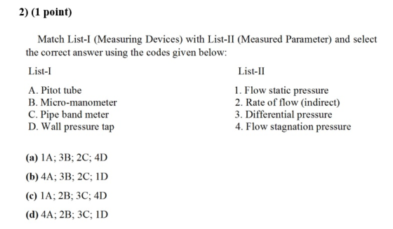2) (1 point) Match List-I (Measuring Devices) with List-II (Measured Parameter) and select the correct answer using the codes