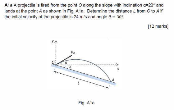 Ala A projectile is fired from the point O along the slope with inclination α-200 and lands at the point A as shown in Fig. A1a. Determine the distance L from O to A if the initial velocity of the projectile is 24 m/s and angle -30°. [12 marks] Vo Fig. A1a