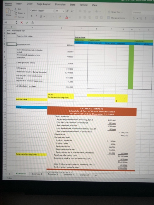 Home Insert Draw Page Layout Formulas Data Review View Lucopy Calibri (tody 11A A | A6 : x x 1 ACCT 301 Week 6 W Costs for 50
