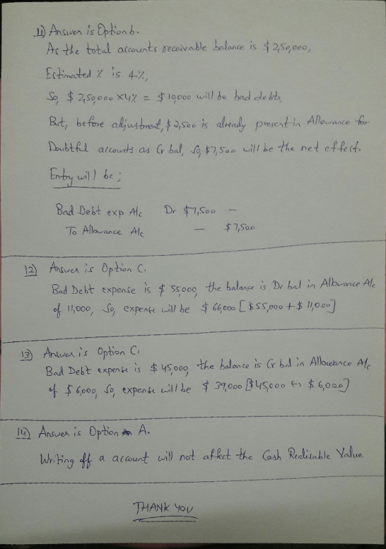 11) Answer is Option b. As the total accounts receivable balance is $250,000, Estimated & is 4% So $250,000 X4% = $10,000 wil
