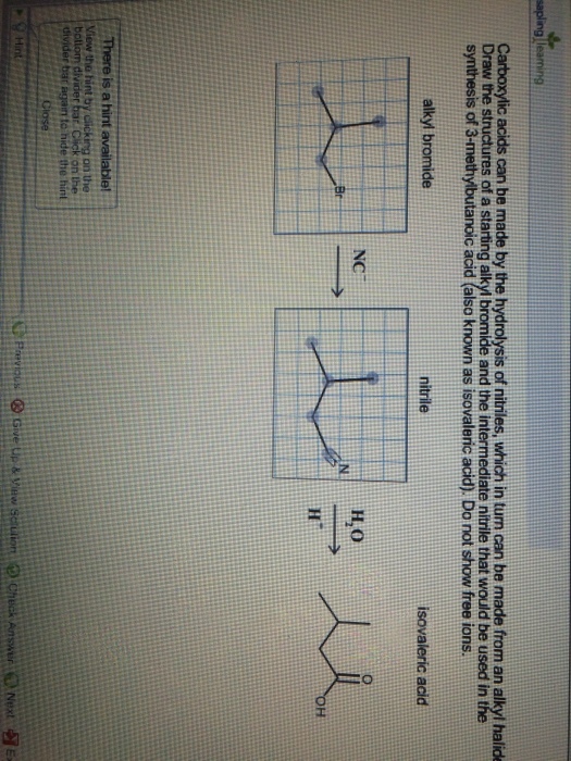 Carboxylic acids can be made by the hydrolysis of nitriles, which in turn can be made from an alkyl halide Draw the structures of a starting alkyl bromide and the intermediate nitrile that would be used in the synthesis of 3-methylbutanoic acid (also known as isovaleric acid), Do not show free ions. alkył bromide nitrile isovaleric acid NC There is a on the on the