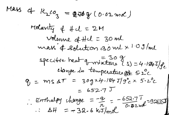 Mass of R2co, = 9.768 10:02 mol) Molarity of Hd=2M volume of l = 30ml mass & solution 30 ml x 1.0g/me specitic heat of mixtur
