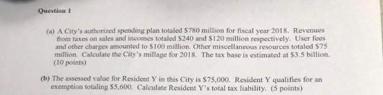 Question I (a) A Citys authorized spending plan totaled $780 million for fiscal year 2018. Revenues from taxes on sales and
