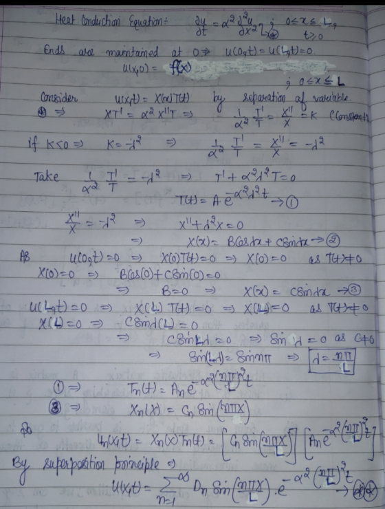 o o t>0 Heat Conduchin Equation: 34 cod Son za 04 Ends are maintained at op u (ogt) = UCL,t)=0. UlX0 = f(x) ġ OSXEL Consider