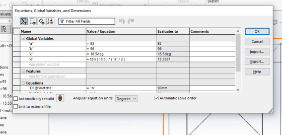 Sketch Sketch Entities 2 fintitas Equations, Global Variables, and Dimensions aluate Y Filter All Fields 20 D Name Value / Eq