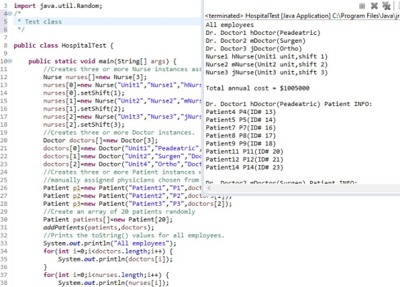 7 9 12 13 3 import java.util. Random; 40 /* <terminated> Hospital Test [Java Application] C:\Program Files\Javajr 5 * Test cl