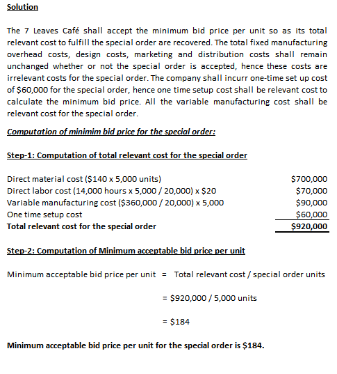 Solution The 7 Leaves Café shall acccept the minimum bid price per unit so as its total relevant cost to fulfill the special