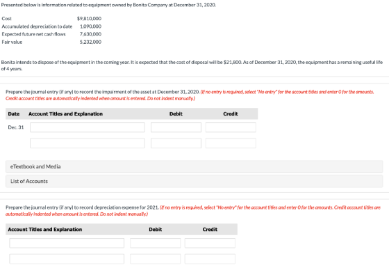 Presented below is information related to equipment owned by Bonita Company at December 31, 2020. Cost Accumulated depreciati