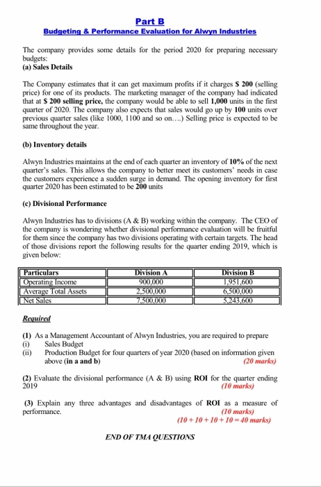 Part B Budgeting & Performance Evaluation for Alwyn Industries The company provides some details for the period 2020 for prep