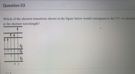 Question 53 Which of the electron transitions shown in the figure below would correspond to the UV-vis absorpt at the shortes