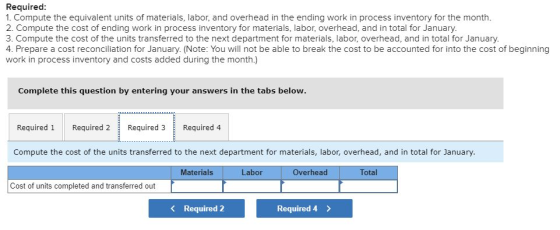 Required: 1. Compute the equivalent units of materials, labor, and overhead in the ending work in process inventory for the m