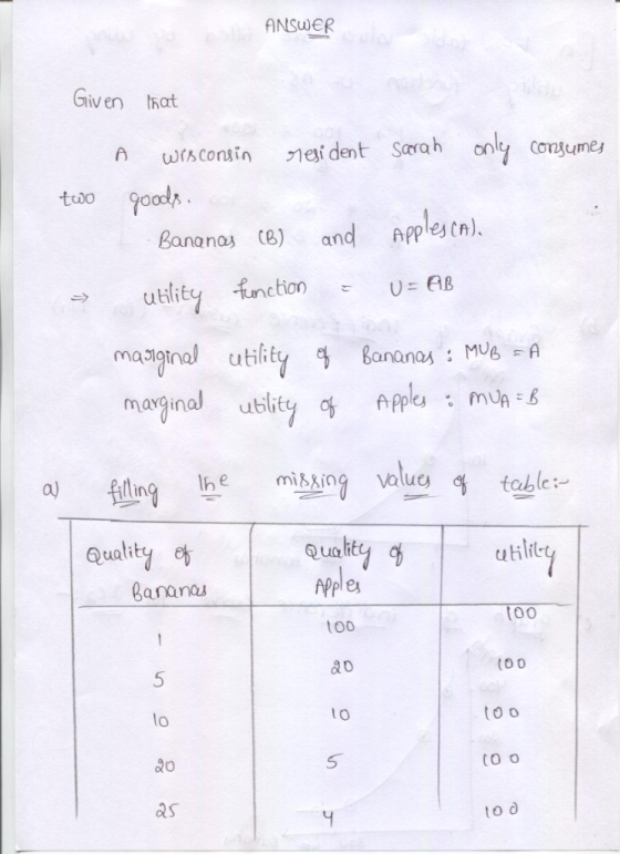 ANSwER Given hat A w仍contin yesi dent Sarah oly Consume t0 Bananos B) an Applescn). utility inctionUB macrognal utifity onan