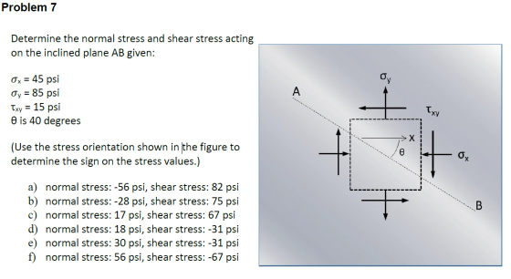 Problem 7 Determine the normal stress and shear stress acting on the inclined plane AB given: Ox = 45 psi Oy = 85 psi Txy = 1