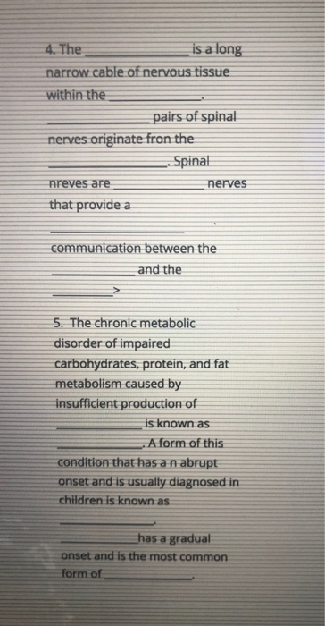 4. The is a long narrow cable of nervous tissue within the pairs of spinat nerves originate fron the Spinal hreves are nerves